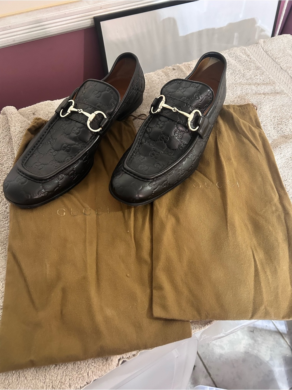 Gucci Black Embossed Leather Horsebit Slip-On Loafers